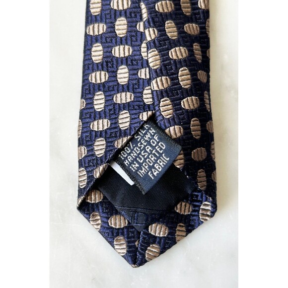 Lands' End Navy Blue  Tan Print Men's Silk Neck Tie  NEW - Picture 6 of 7